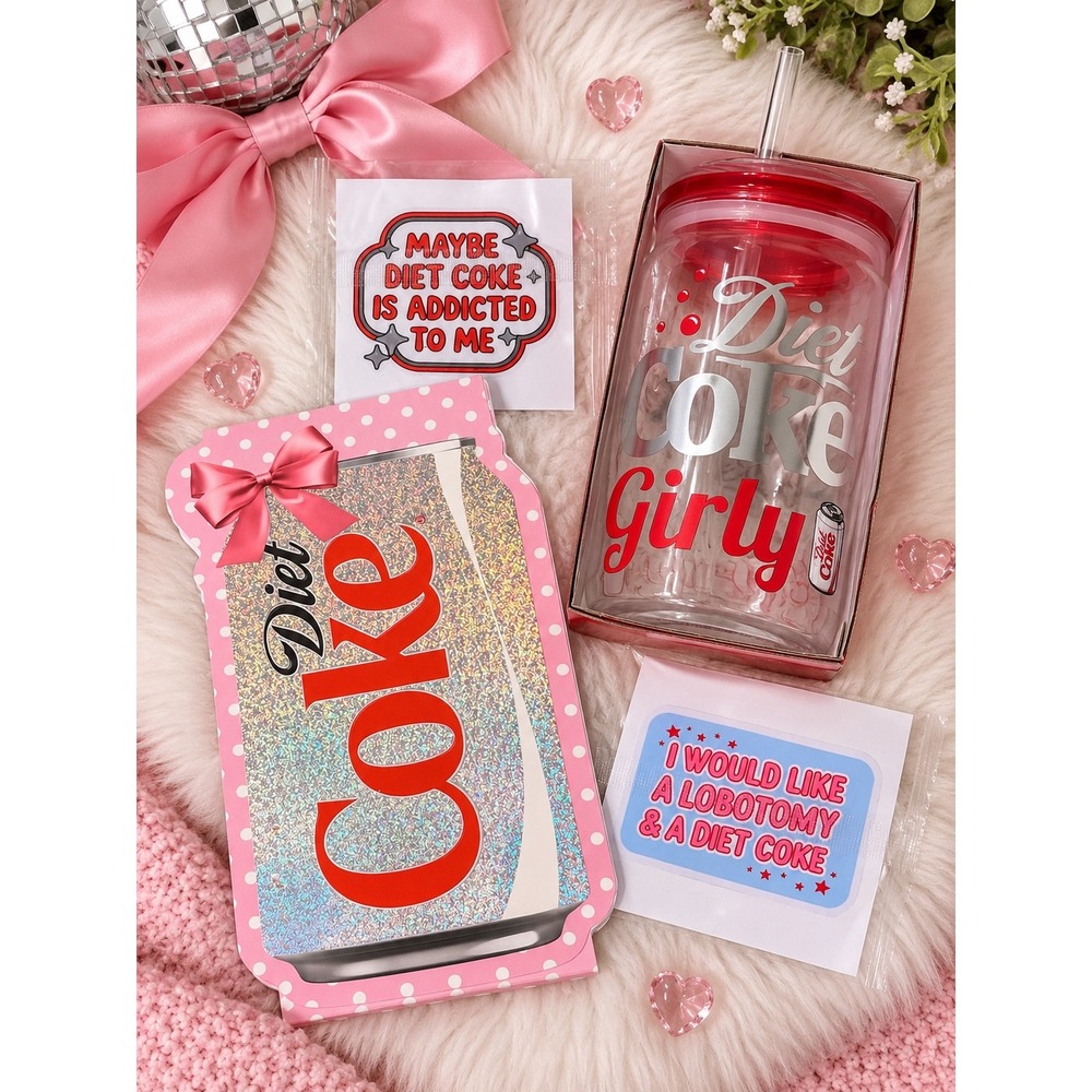 Diet Coke Girly 16 Oz Glass Tumbler Notepad & Sticker Bundle NWT - Picture 1 of 10